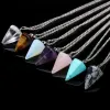 Natural Gemstone Pendant Halsband Crystal Healing Chakra Reiki Silver Stone Hexagonal Prisme Cone Pendulum Charm Necklaceszz