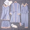 Vêtements de nuit pour femmes Femmes d'été Silk Satin Pajama sets sexy en dentelle kimomo nocturnes plus taille 5 pièces femelles décontractées pymas pijama pyjamas