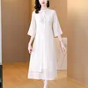 Casual Dresses 2023 Chinese Style White 3/4 Sleeve Dress Women's Summer Standing Neck Improved Qipao Loose Tight Banquet Vestidos