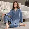 Vêtements de nuit pour femmes Pocket Femme 2pcs Coton Stripe Pajamas Sets Sexy Cardigan Pyjamas Suit Loungewear Nightwear Spring Home Clothes