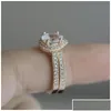 Band Rings Fashion Rose Gold Plated Design 2Pcs Cz Women Engagement Ring Set Drop Delivery Jewelry Dhdzs Dh0Xb