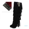 Boots Plus Size Flock Winter Fur Women High Heels Knee Fringe Tassels Fashion Black Brown