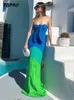 Urban Sexy Dresses Tie Dye Patchwork Axless Floor Length Dress Chic nippad midja snörning Slim Vestido Elegant Evening Party Banket Robes 230818