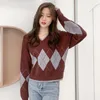 Sweaters de mujeres Women V Neck Argyle Séter de manga larga Tops Elegante Top Vintage Geométrico Fashion Autumn