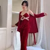 Kadınların Pijama Sonbahar Kış Gelin Sabah Elbisesi Seksi Altın Velvet Pijama 3pcs Set Kadın Kemer Koyun Yastık Yastığı Condole Gecesi