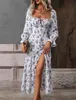 Grundläggande avslappnade klänningar Retrotryck dres Boho Elegant snörning Sidan delar damer Sexig fyrkantig hals långärmad klänning Beach Party 230817