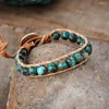 Bracelets porte-bonheur 8mm perles rondes Turquoise naturelle Bracelet en cuir fait main bohême bijoux accessoires pour femmes goutte