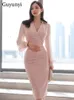 Grundläggande casual klänningar Elegant kontorslady klänning Spring Pink Chiffon Puff Sleeve Vneck Korean version Hög midje linje veck mantelparti 230817