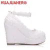 Dress Shoes White Wedges Wedding Pumps Sweet White Flower Lace Pearl Platform Pump Shoes Bride Dress Shoe High Heels 230817