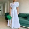 Basic Casual Dresses Vintage Puff Sleeve Dames feest Maxi -jurk Elegant gestreepte kantoor Dame Long Fashion Turndown Collar Button Shirt 230817