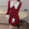 Casual Dresses Harajpee Fashion Internet Celebrity Christmas Dress Autumn Winter 2023 Lace Doll Collar Show Thin Thick Corduroy