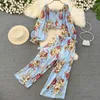 Damen zweisteuelhafte Hosen Sommer Frauen elegant Blumen 2 Stück Set Vintage Crop Tops Weitbein Hosenanzug Mode Beach Holiday Party Frauen