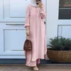 エスニック服イスラム教徒の女性パンツセットターキーアバヤエレガントロングTシャツトップハイウエストルーズワイドレッグスーツeid abayas