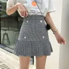 Jupes Femmes hautes hautes A-line coréen plissée patchwork mini boutons gris plaid été plus taille vintage bureau élégant