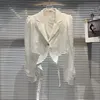 سترات النساء ABSGD 2023 الصيف وصول الأكمام الطويلة الشبكة ضمادة CRISS CROSS تصميم زر واحد Slim Blazer سترة معطف قصير