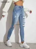 Jeans femininos azul claro Sexy Mulheres magras jeans Lift Butt Butt Ripped Hole Denim Rous Rous