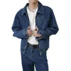 Erkekler Kot Penerler Kore Sokak Giyim Moda Gevşek Kırış Vintage Kısa Denim Zipper Ceket Erkek Net Ünlü Palto Pantolon Setleri