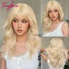 Synthetische pruiken lichtblonde gele synthetische pruik met pony lolita cosplay mid-lengte krullende golfpruiken voor blanke vrouwen natuurlijke hittebestendige hkd230818