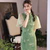 エスニック服の夏サテンミッドレングスグリーンチョンサム新鮮な文学中国の伝統ドレスQIPAO若い女の子スタイルアビエラーエルビゼラー