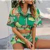 Dames slaapkleding zomer zomerse mouw pyjama set 2 stuks dames crop top en shorts print knoppen piajama pak voor vrouw