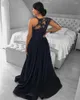 Partykleider elegant One Schulter Marine Blau Abend 2023 Satinspitzen Applikationen Perlen Dubai Arabisch formelle Promkleid Vestidos