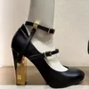 Black Genuine Leation Heels Alto Court Sapatos Golden Cut-Outs