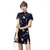 Ethnic Clothing Sexy Women Mini Qipao Summer Short Sleeve Dress Chinese Style Ladies Print Flower Dresses Elegant Girl Daily Cheongsam