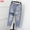 Kvinnors jeans Nytt plus size Women's NinePoint Hole Denim Harem Pants Loose Beggar AnkleLength Cross Pants Ripped Jeans for Women J230818