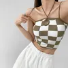 Women's Tanks European And American Retro Chessboard Plaid Spicy Girl Lace Up Tank Top 2023 Summer Sexy Hollow Knitted Strap