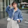 Kvinnorjackor Fashion Denim Jacket Loose Short 2023 Spring and Autumn Street Independent Aesthetics Lapel Pärled