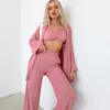 Frauen Nachtwäsche 3pcs Pyjamas Anzug weibliche Schlafset Pyjama Intime Dessous Baumwolle Langarm mit Hosen niedliche Heimkleidung