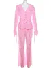 Kvinnor Tvåbitar byxor rosa 2 stycken Set Women mode långärmad laceup cardigan topp bh trosor och byxor bandage kostym streetwear 230817