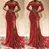 Czerwona cekinowa syrenka na studniowa sukienka koronkowe aplikacje seksowne rozcięte sukienki na ramię wieczorne sukienki z długim rękawem