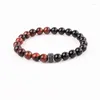 Strand High Quality Natural Red Tiger Eye Onyx Stone Beads Cubic Zircon Charm Elastic Bracelet Set Jewelry Men