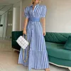 Basic Casual Dresses Vintage Puff Sleeve Dames feest Maxi -jurk Elegant gestreepte kantoor Dame Long Fashion Turndown Collar Button Shirt 230817