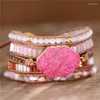 Bracelets à breloques Perles d'inspiration indigène Bracelet en cuir Pierre précieuse rose Cristal 5 brins Tissé Wrap Bohemian Statement Dropship