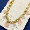 T letter Titanium Steel Pink Enamel Peach Heart Full Diamond Love Pendant Bracelet Vintage Thick Chain Cuban Necklace T787