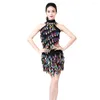 Stage Wear Sequined Latin Dance Dress Sexy Belly Dancing Chinese Folk Clothing Pole Jazz Tassel Rave Outfits Dancewear