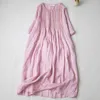 Basic Casual Dresses Summer Cotton Linen Comfy Dress Female Half Sleeve O Neck Loose Maxi Plead Soft Home Long Robe Vestidos 230817