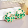 Stud Earrings ThreeGraces Green Enamel Gold Color Big For Women Shiny Cubic Zirconia Luxury Bridal Wedding Party Jewelry E1225