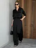 Women's Two Piece Pants Black Satin Set Women 2023 Summer Loose Commuter Long Sleeve Shirt For Simple White High Waist Trousers