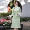 Etniska kläder Sweet Elegant Women's Cheongsam Autumn Winter Lace Plush Tjockning Slim Fit Wool Collar Qipao Chinese Traditional Vintage