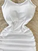 Casual Dresses Foamlina Sexy Women Spaghetti Strap Bodycon Dress White Black V-neck Chest Pad Sleeveless Backless Drawstring Ruched