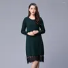 Damestruien Brand Sek Hollow Out Lace Pachwork Wool Sweater Vrouwen Split Side Lady Black Red Dress LX1953