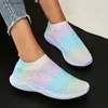 Dress Shoes Rainbow Color Knitted Sneakers Women 2023 Autumn Breathable Soft Sole Casual Sports Shoes Woman Shiny Crystal Slip On Walk Shoes T230818