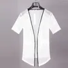 Casual shirts voor heren Mesh doorzag door Cardigan Trend Fashion Sexy Short Sleeve Nightwear Sleepwear Streep Design Bathrobe Loose Shirt Kimono