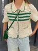 Женские трикотажные трикотаж Tees Showmirror Retro Green Stripe Knoted Cardigan Tops Женщины пуговица с коротки