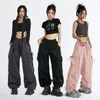 Pantalon femme Streetwear Cargo pantalon femmes lâche cordon droite taille haute décontracté rouge Hip Hop femme poche danse pantalon