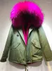 Women's Fur Design Beading Army Green/ Black Parka Hooded Mr Furs Jacket With Mrs Raccoon Collar Coat