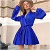 Basic Casual Kleider sexy Satin Schärpe Eine Linie Robe Mini Kleid Lanternärmel Low geschnittene elegante Party Club Plus Size 2021 Frauen s clo dhtwg